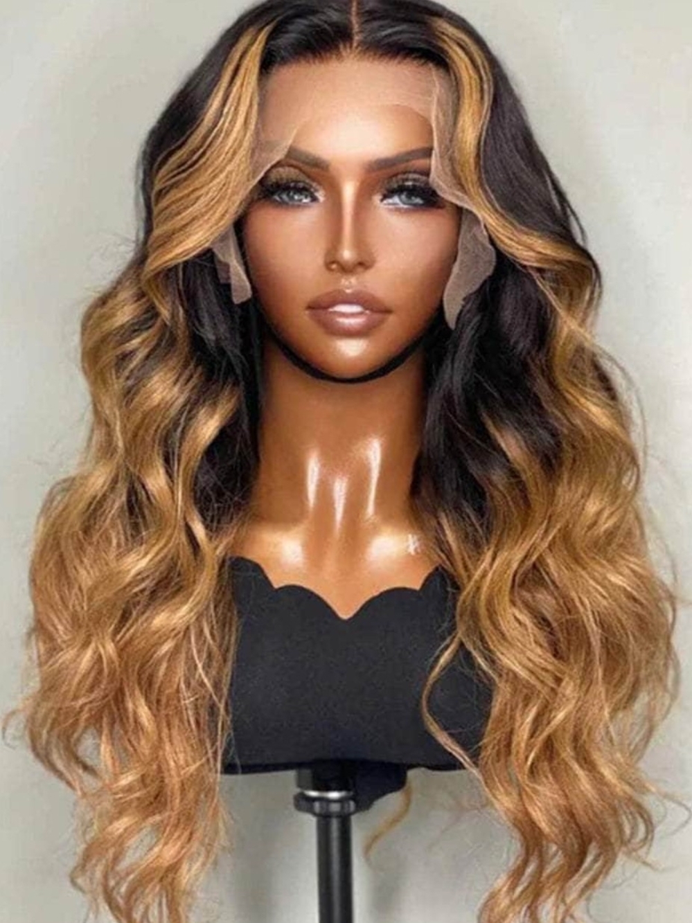 Honey Blonde Balayage Long Wavy Lace Front Wig - Women Hair. 100% Human Hair